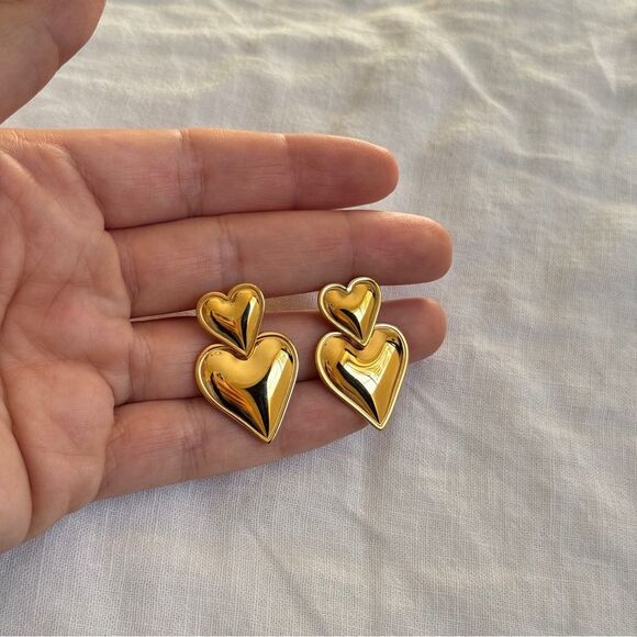 Puffed Double Heart Gold Valentine Earrings OS - Picture 6 of 10